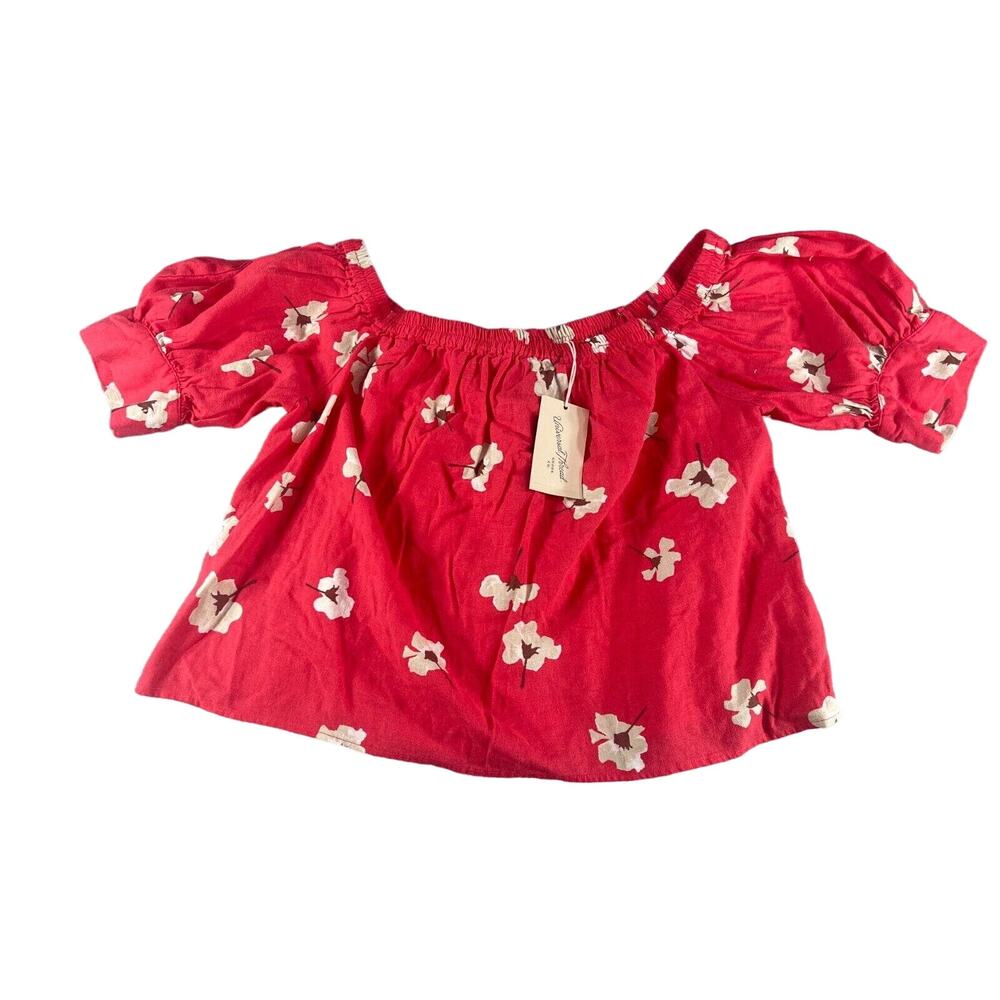 Universal Thread Shirt Womens XS Red Boho Linen Square Neck Floral Puff NWT